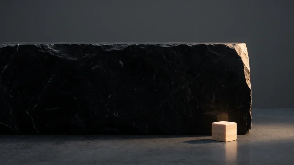 Un enorme monolite di pietra nera occupa quasi tutta l'immagine; in basso a destra, un solo piccolo cubo di travertino illuminato: quasi tutto in un punto.