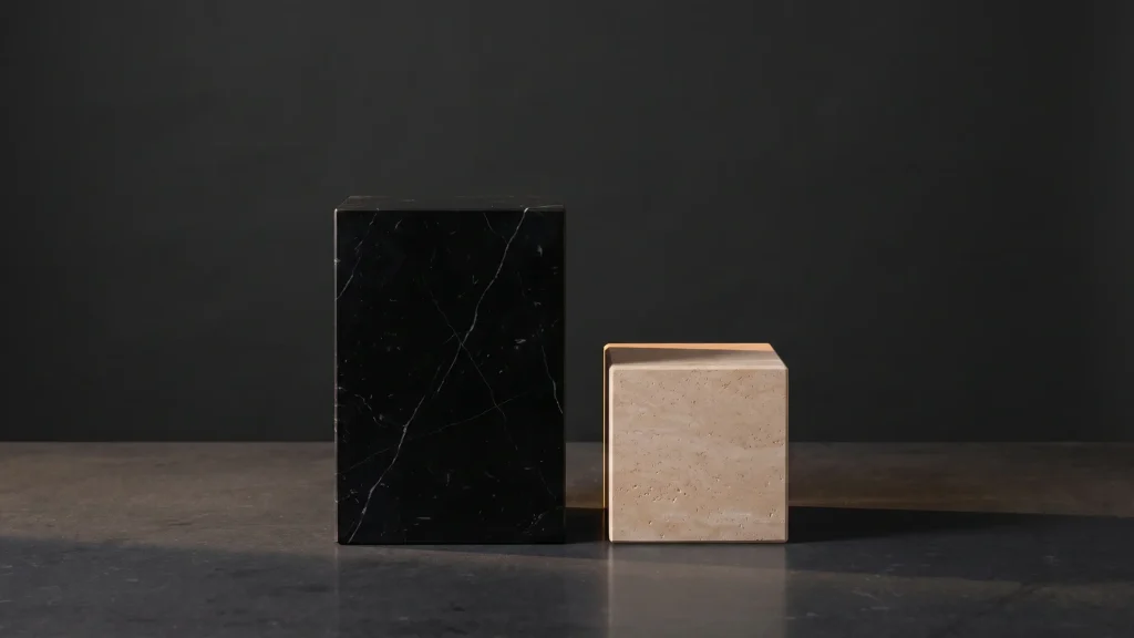 Due volumi in pietra su fondo antracite: un grande blocco di marmo nero venato accanto a un piccolo cubo di travertino chiaro, ciascuno intero e distinto dall'altro.
