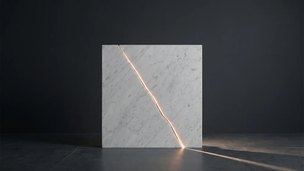 Una lastra di marmo bianco di Carrara attraversata da una sola crepa diagonale da cui passa una linea di luce calda: ciò che sembrava solido cede all'improvviso.